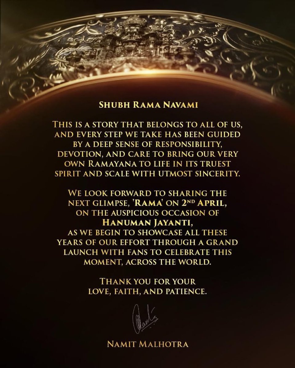 Rahulrautwrites's tweet image. #Ramayana NEXT GLIMPSE IS COMING ON 2nd APRIL... 

Makers officially begin the showcase of #Ramayana with the glimpse of #Rama at a grand launch event on the auspicious occasion of #HanumanJayanti!