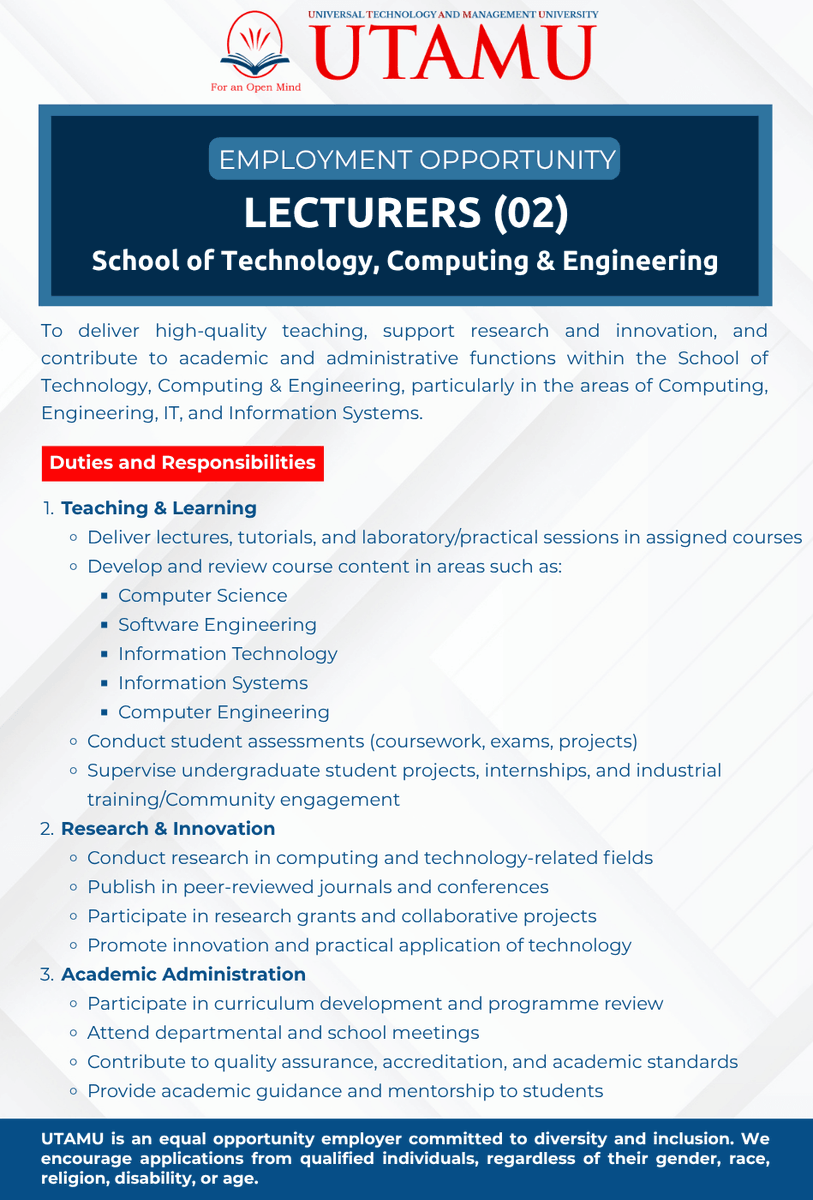 utamu_uni's tweet photo. EMPLOYMENT OPPORTUNITY!!      

Universal Technology and Management University (UTAMU) invites applications from qualified and experienced professionals for the position of Lecturers in the School of Technology, Computing & Engineering. #HiringNow #Hiring #JobOpportunity
@utamu_7 @baryamureeba