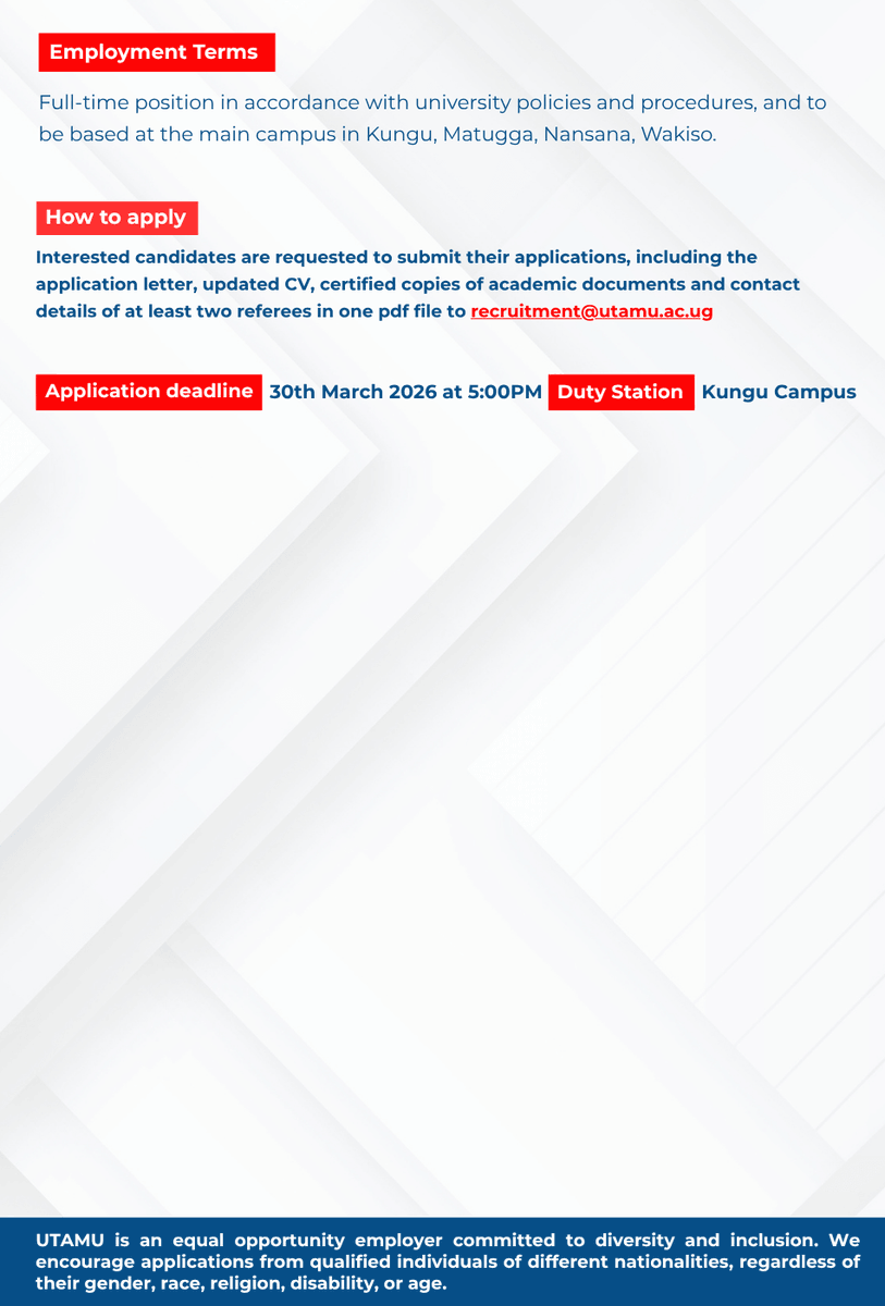 utamu_uni's tweet photo. EMPLOYMENT OPPORTUNITY!!      

Universal Technology and Management University (UTAMU) invites applications from qualified and experienced professionals for the position of Lecturers in the School of Technology, Computing & Engineering. #HiringNow #Hiring #JobOpportunity
@utamu_7 @baryamureeba