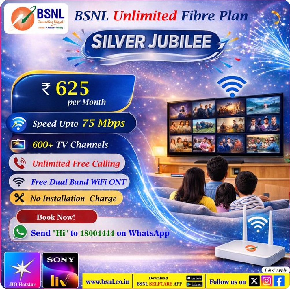 BSNL_HP's tweet image. 📷BSNL Silver Jubilee Plan :One plan for all  telecom needs at your home.📷
📷Upto 75 Mbps ,Unlimited free calling,Free Bundled Dual Band WiFi ONT, Free 600+ TV channels at just Rs.625 monthly.
For more details WhatsApp on 1800 4444.
#bsnlhp #digitalbharat #affordable