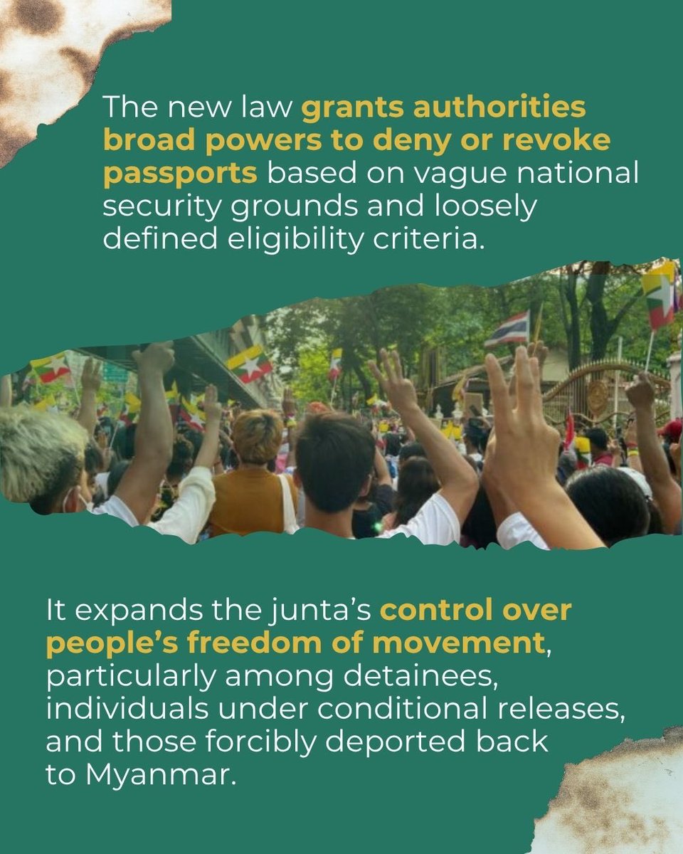 The #Myanmar military junta imposed a new "Passport Law." 

FORUM-ASIA and <a href="/PVamplify/">Progressive Voice</a> call on the international community to join forces in opposing this new repressive law. 

📣FORUM-ASIA:
The junta’s new passport law is a blatant attack on fundamental freedoms, giving the
