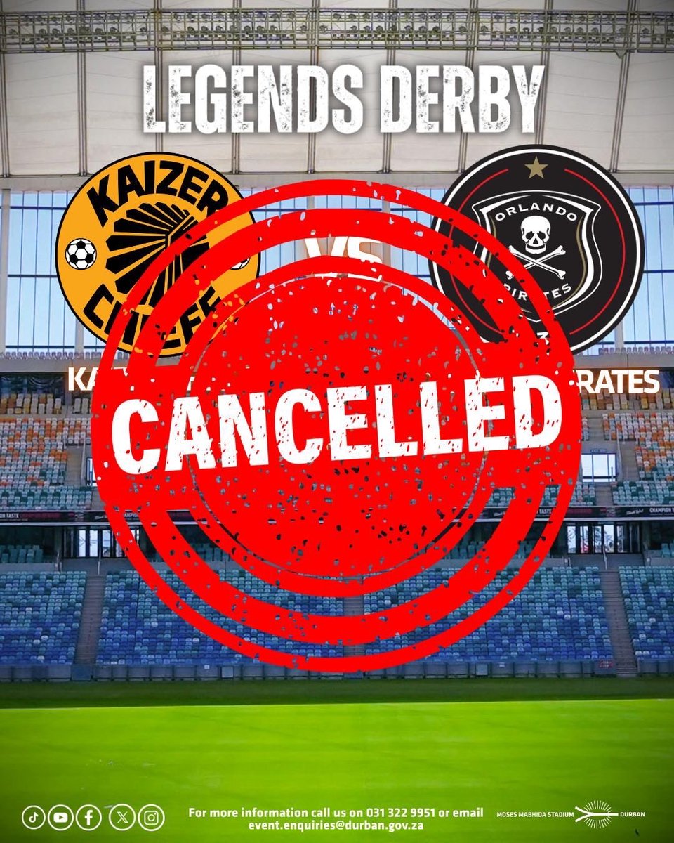 eThekwiniM's tweet photo. [MATCH CANCELLED] We regret to inform you that the Legends Derby has been cancelled. We apologise for any inconvenience this may cause and sincerely thank you for your understanding and continued support.
 
#eThekwiniMunicipality
#MosesMabhidaStadium https://t.co/8VTiF970nO
