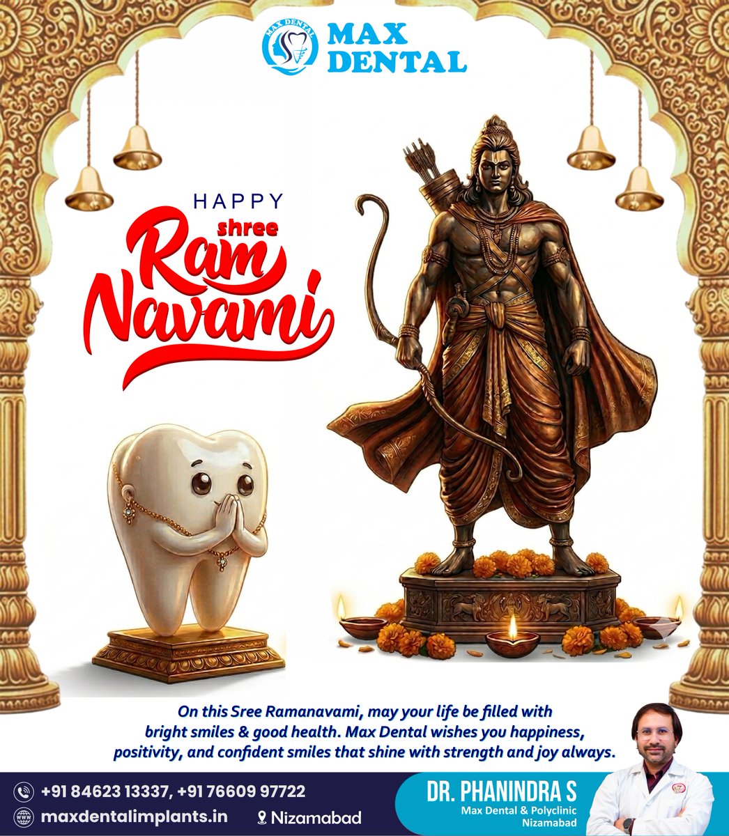 SAIMAXDENTAL1's tweet photo. ✨ Warm wishes from Max Dental on the auspicious occasion of Rama Navami!
May Lord Rama bless you with strength, health, and bright smiles always. Stay happy, stay healthy! 😊

#RamaNavami #HappyRamaNavami #MaxDental  #jaishreeram  #nizamabad #kamareddy #Hyderabad  #Telangana https://t.co/iNoIqonrQV