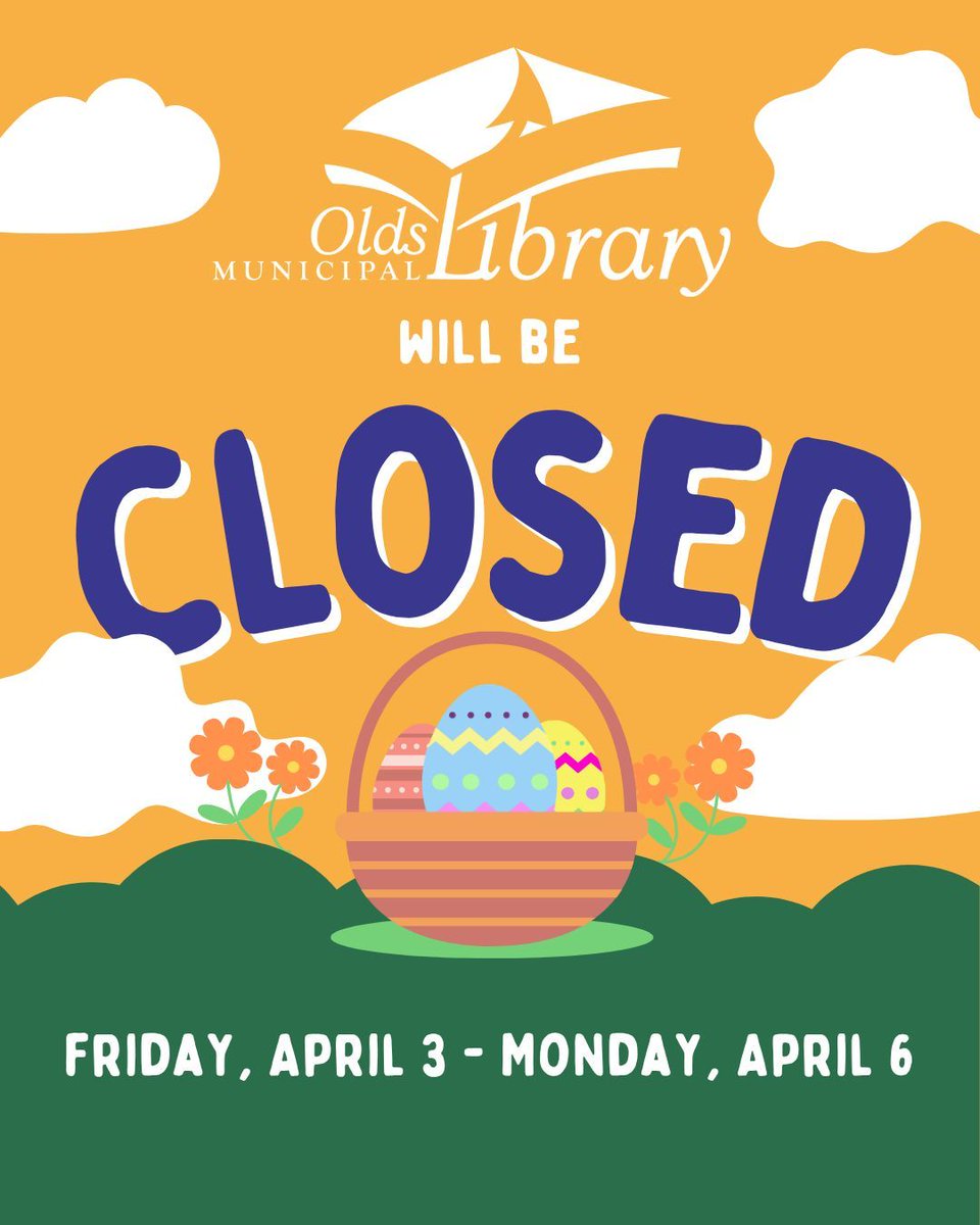 oldslibrary's tweet photo. We will be closed for Easter Weekend
from Friday, April 3 - Monday, April 6.

See you at the library during our
regular hours on Tuesday, April 7!

Regular Hours:
Monday - Fridays: 9am - 6pm
Saturdays: 12 - 5pm
Sundays: Closed https://t.co/ddraeWmIrT