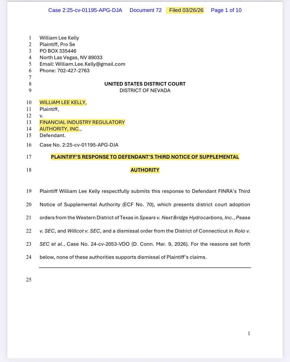 kimkep4796's tweet photo. ⚖️ MMTLP / MMAT / TRCH / NBH

William Kelly v. FINRA

Court: U.S. District Court, District of Nevada
Filing Date: March 26, 2026 👈
Filing: Plaintiff’s Response to FINRA’s Third Notice of Supplemental Authority

⸻
🧾 Layman’s Breakdown (NLA)

This filing is Kelly basically telling the judge:
👉 “FINRA is trying to win using cases that don’t actually answer the real question.”

🔑 The Main Argument

Kelly says the case is NOT about whether FINRA was doing something “regulatory.”
It’s about this instead:

��� Did FINRA actually have the legal authority to do what it did?

If the answer is no, then:
🚫 FINRA does NOT get immunity

⸻
⚖️ Why FINRA’s Cases Don’t Help Them

Kelly argues FINRA is citing cases from other courts (Texas, Connecticut), but:
•Those courts used different legal standards
•They never analyzed the key issue (authority vs. no authority)
•They just assumed FINRA was acting within its role

👉 In simple terms:
FINRA is saying “we’re immune,” but skipping the step of proving they were allowed to act in the first place  

⸻
🚨 The Big Allegation

Kelly focuses on two specific actions:
1.Changing issuer-submitted data
2.Turning a temporary halt into a permanent shutdown (MMTLP deletion)

👉 He claims both were done without legal authorization

⸻
🧠 The Strategy (Very Important)

Kelly is forcing the court to decide this first:

👉 “Was this within FINRA’s delegated authority?”

Only AFTER that can immunity even be considered.

��� This blocks FINRA from getting the case dismissed early.

⸻
🧨 Rolo Case – Not a Win for FINRA

Kelly points out:
•Rolo was dismissed without prejudice (meaning it can be refiled)
•The court barely analyzed immunity
•The plaintiff in Rolo actually called FINRA’s actions regulatory

👉 Kelly does the opposite — he says they were outside authority

⸻
🏛️ Supreme Court Angle (Sneaky Strong)

Kelly brings in a new Supreme Court case:

👉 You can’t act like a private company AND claim government immunity at the same time

💥 Translation:
FINRA can’t “have it both ways”

⸻
🔥 Big Picture

Kelly’s core message:
•No court has actually answered this question yet
•FINRA keeps winning by avoiding the real issue
•This court must finally decide it

⸻
🎯 Bottom Line

👉 If the judge agrees FINRA may have acted outside its authority,
then:

💥 Immunity could fall apart
💥 Case moves forward (no dismissal)

https://t.co/KLd2IfsTYW