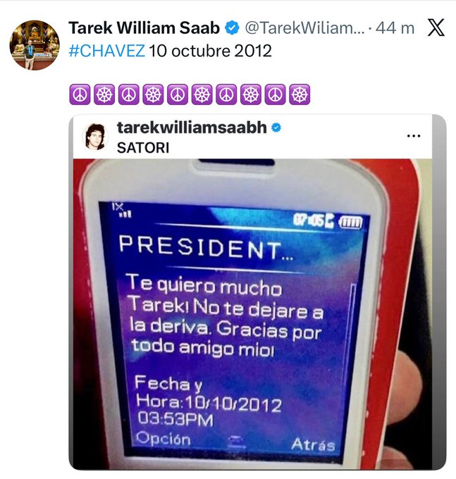 TAREK ACUSA QUE LO ESTÁN ABANDONANDO

Curioso flashback del exfiscal de las torturas en sus redes sociales, en las que tiene a medio mundo bloqueado. 
Un mensaje de Hugo Chávez en SMS, cuando ya Blackberry era el sistema imperante. 
Vía <a href="/OrlvndoA/">Orlando Avendaño</a>