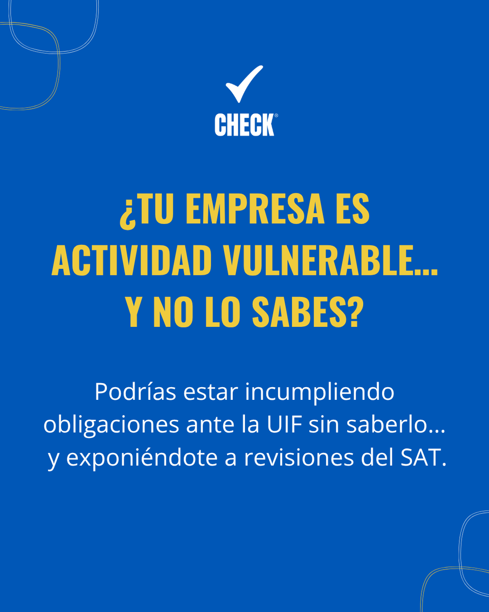 CheckPld's tweet photo. ¿Tu empresa es Actividad Vulnerable… y no lo sabes?

Podrías estar incumpliendo obligaciones ante la UIF y exponiéndote a revisiones del SAT.

Evita multas y riesgos innecesarios.

👉 Evaluación sin costo
📲 55 6815 6966
#PLD #UIF #SAT https://t.co/fiyrxPu3JN