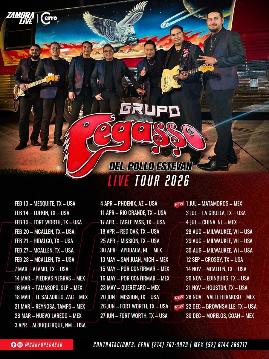 La leyenda sigue más viva que nunca. 🐎 Grupo Pegasso presenta su  Live Tour 2026. Elevando el legado.

Bookings:
🇺🇸 214-707-3979
🇲🇽 +52 8144 269717

#GrupoPegasso #Tour2026 #CerroMusic #Musica
