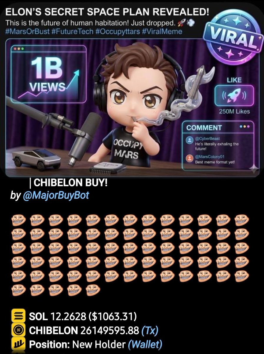 <a href="/cryptojourneyrs/">Rodney</a> Check out $CHIBELON dev is our koko dev and this is elon pfp. He already liked us
<a href="/Chibelononsol/">ChibElon</a> 
Nice buys coming in. Still microcap bro.
6LbSLaDwTTke2nmMzP2NKuEWVP7QWPGvmNMjD7QApump