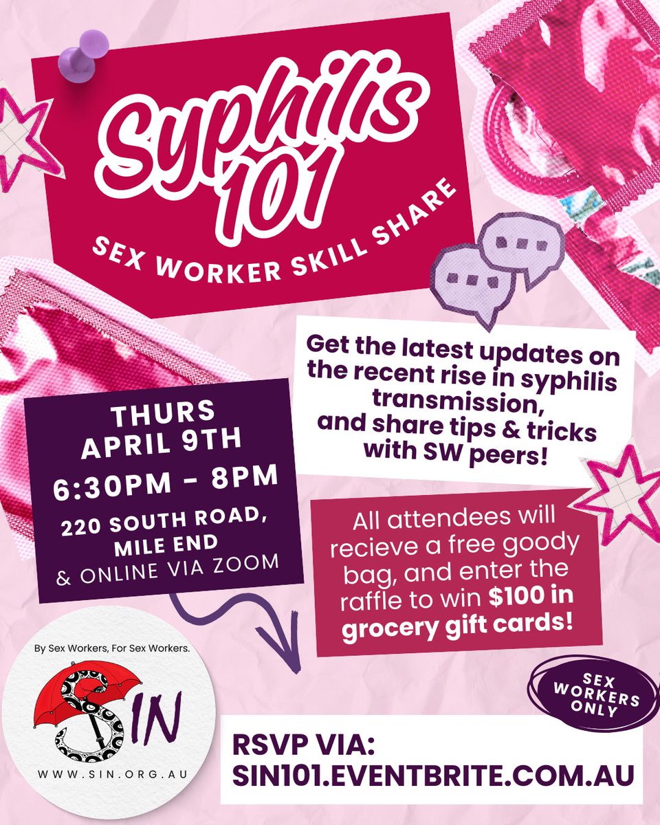 SIN_SouthAus's tweet photo. 📈 Did you know that syphilis cases in Aus have more than doubled since 2014? 
Join us for a Syphilis 101 skill-share evening for SWs on April 9th! 
We’ll discuss the latest info on syphilis including what to look out for, testing + treatment options, and share tips and tricks. https://t.co/npwawx4FXw