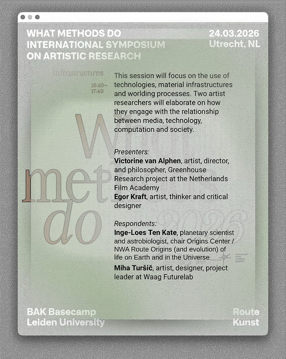krft_id's tweet photo. looking forward to presenting at 'What Methods Do', an international symposium on the nature and role of methods in artistic research, their capacity to produce knowledge and to inform the agency of art in a societal context, organised by the Leiden University and Route Kunst https://t.co/JfcazBqhtQ