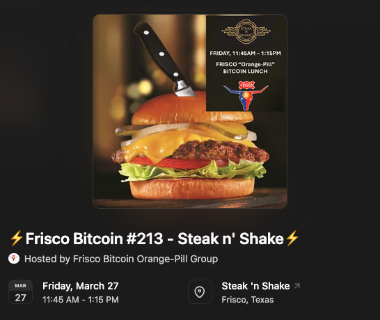 FriscoBitcoin's tweet photo. ⚡️Frisco Bitcoin #213 - Steak n' Shake⚡️

RSVP (optional) at https://t.co/SrbFa8wocy https://t.co/4eGZg9a7Zj