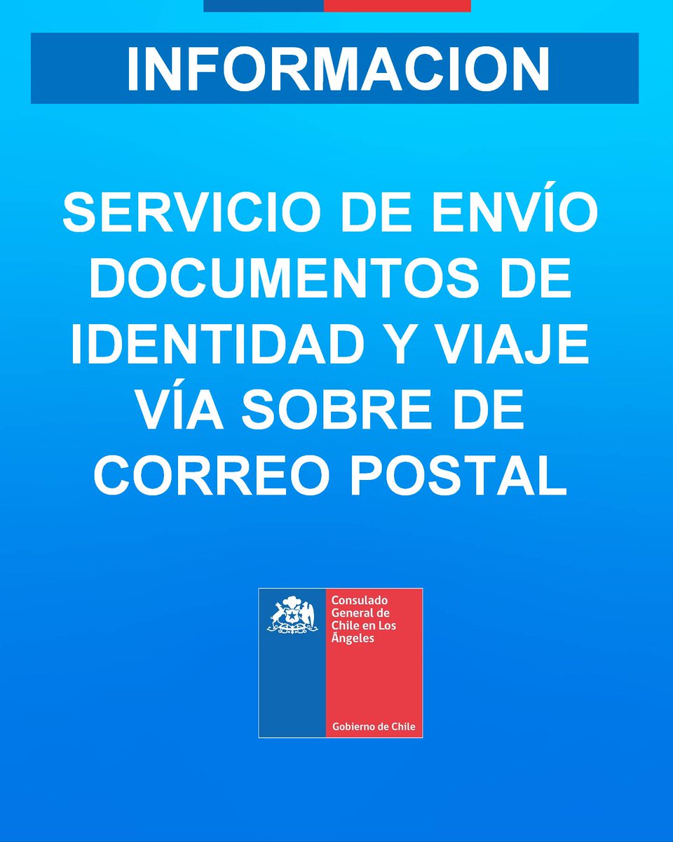 El servicio voluntario, gratuito y excepcional de envío a domicilio de documentos de identidad y/o viaje renovados, a través de sobre de correo postal, se encuentra suspendido. Mayor información, consultar a losangeles@consulado.gob.cl.