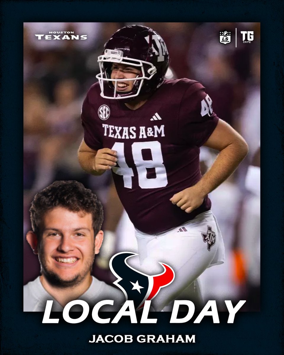 ProSnapTracker's tweet photo. LOCAL DAY:

The Texans are hosting Jacob Graham (@JacobGraham2020) for their Local Day. Graham concluded his college career at Texas A&amp;M and recorded 2 tackles while playing in 42 games over his collegiate career.

#Texans #LocalDay #LongSnap #LongSnapper #LongSnapping #NFL https://t.co/mWkPzL4gYU