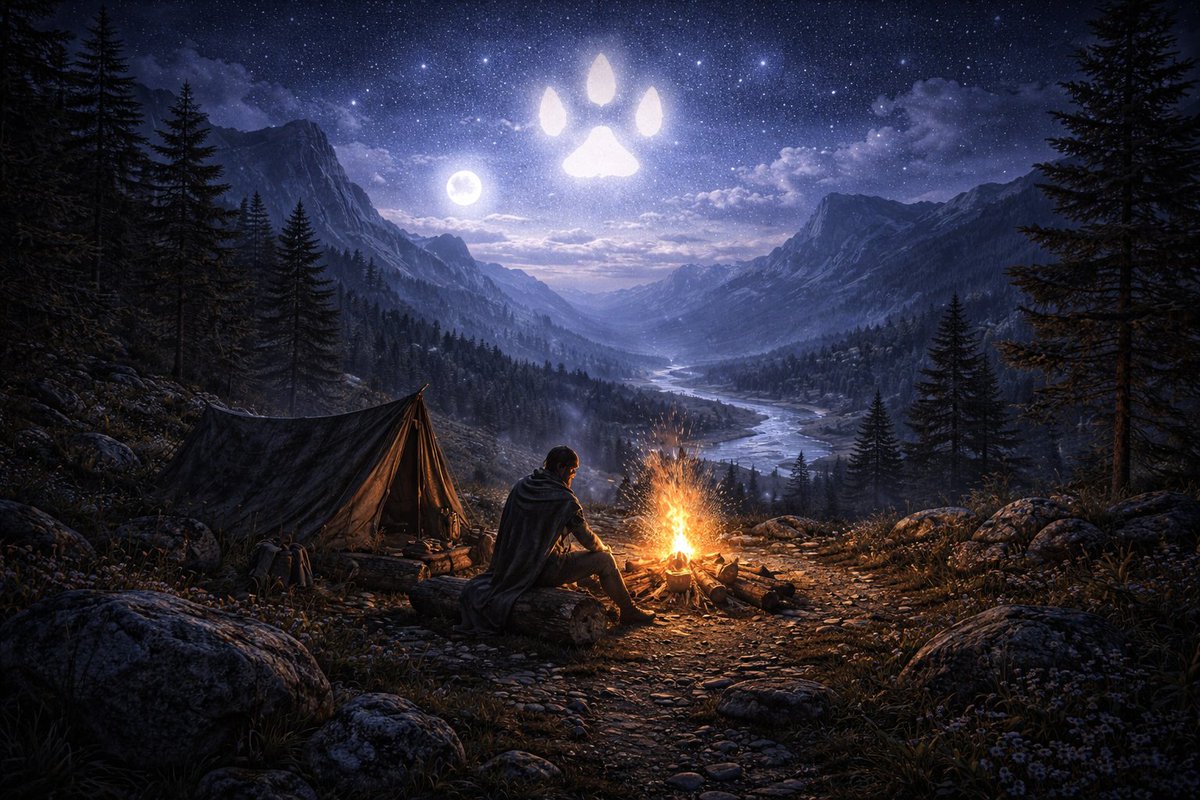 realDogenera's tweet image. Woof! Across the realm of lonely ranger camp beside fire, prophecy awakens again—Dogenera’s paws leave their mark across the heavens. 🐕✨🌌🔥 #Dogenera #Dogeneration #Doge #elonmusk #prophecy #LOTR #Tolkien