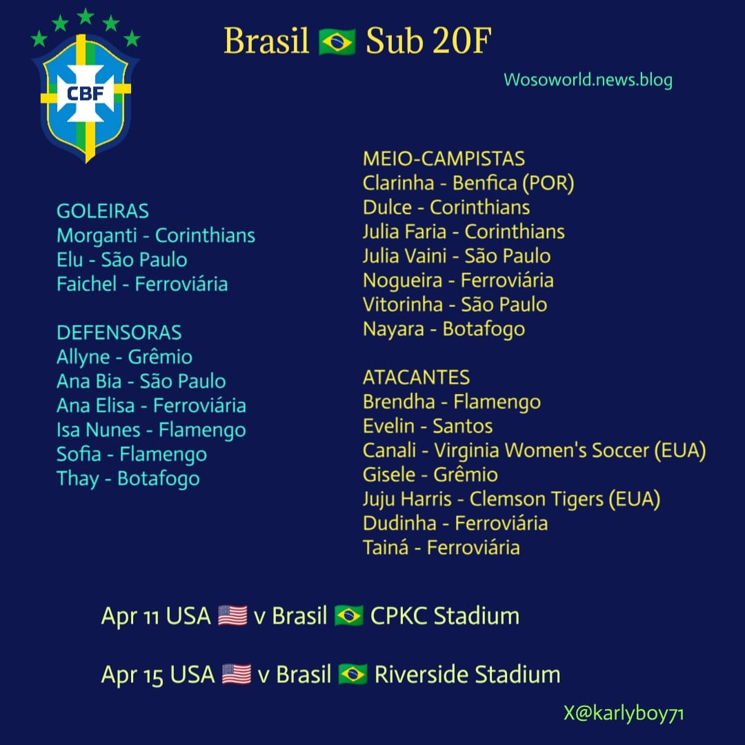 karlyboy71's tweet photo. #womensinternationals
#Sub20F
Brasil 🇧🇷 squad v USA 🇺🇸
Apr 11 USA 🇺🇸 v Brasil 🇧🇷 CPKC Stadium
Apr 15 USA 🇺🇸 v Brasil 🇧🇷 Riverside Stadium https://t.co/hfqYTYNomA