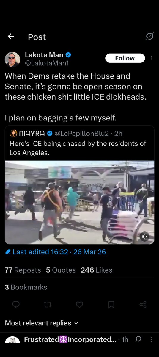 Bummed to see I've been blocked by Lakota Man because he inadvertently posted a mislabelled video and I commented to that effect. He also hid my comment 😬 I can still see his posts, though, so I will support him that way. 

ICE pulls so much shady shit, we don't need fake stuff.