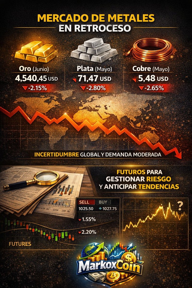 MarkoxCoin's tweet photo. 📊 Hoy el oro retrocede hasta los 4.540,45 USD en futuros de junio, mientras la plata cae a 71 y el cobre se ajusta a 5 USD en contratos de mayo. La presión bajista domina, con variaciones negativas en la mayoría de metales.. ¿Estás aprovechando esta volatilidad? https://t.co/ewcVHIcIvM