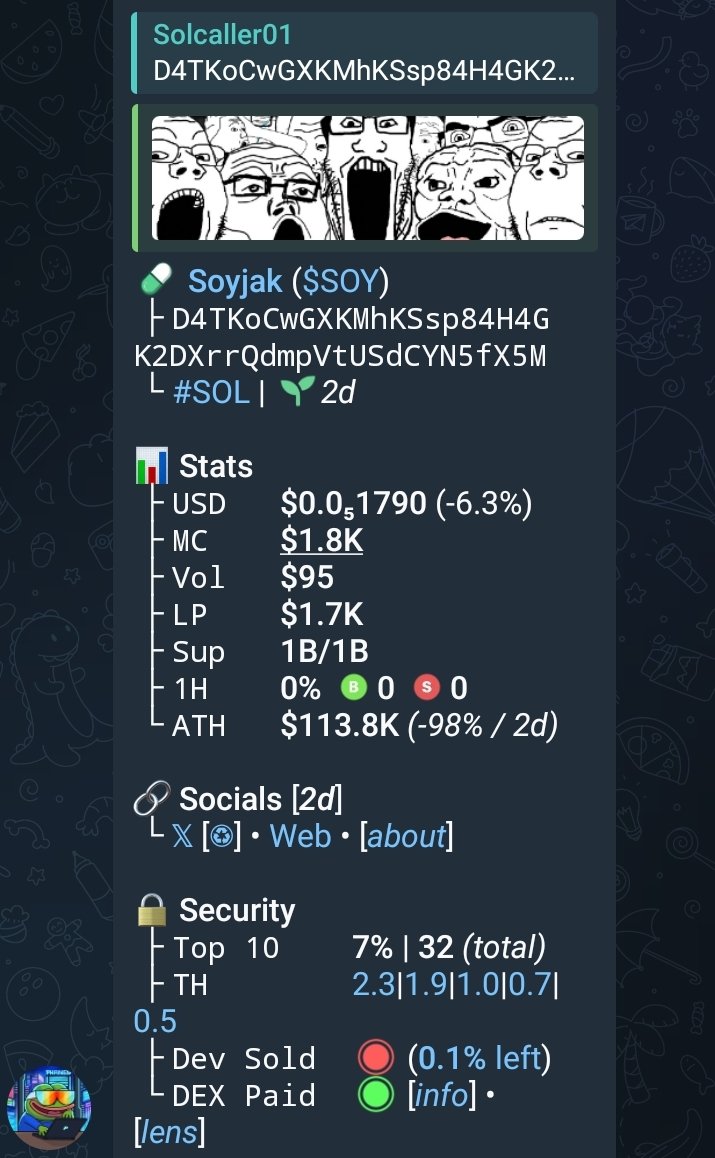 solcaller01's tweet photo. Solcaller01 🚀♂️
 Watch your entry on $SOY
$SOLANA

CA>>
D4TKoCwGXKMhKSsp84H4GK2DXrrQdmpVtUSdCYN5fX5M

Massive 16x up profit from my call 
Add up to my telegram for more calls 🚀♂️
LINK 🔗:https://t.co/Kkr2hTbkBk

#cryptocurrencynews #solana #memecoin #TheTraitorsTürkiye #bini https://t.co/ed7XbXxO4i
