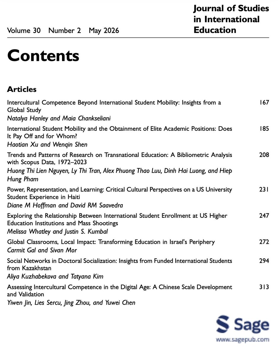 jsinted's tweet photo. 📚 Published! Journal of Studies in International Education v.30 n.2 (May 2026)
→ https://t.co/RZQEW84cfg
#IntlEd #StudyAbroad #StudentMobility https://t.co/S5JNTag5cT