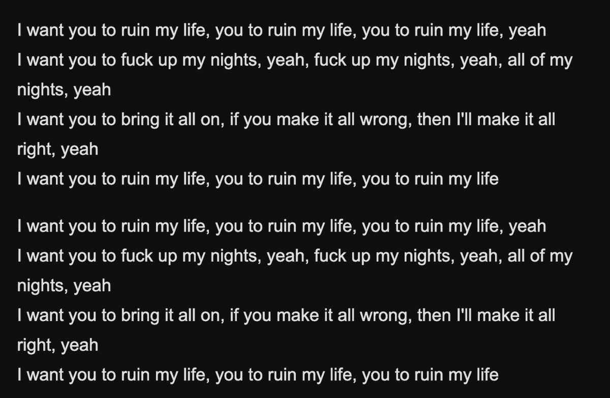 SolBrah's tweet photo. These are the lyrics of a mainstream "song" that I heard on the radio today.

Just total garbage going into the subconscious minds of the impressionable youth.

We need a complete and total shutdown of pop "music". https://t.co/sCVJfN61y7