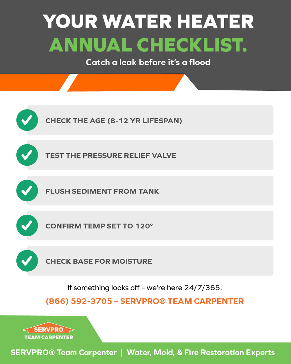 A simple annual checklist worth passing along to tenants, owners, and your maintenance team:

Water heater age check → pressure relief valve test → sediment flush → temperature confirmation → moisture check at base.

(866) 592-3705

#SERVPROTeamCarpenter