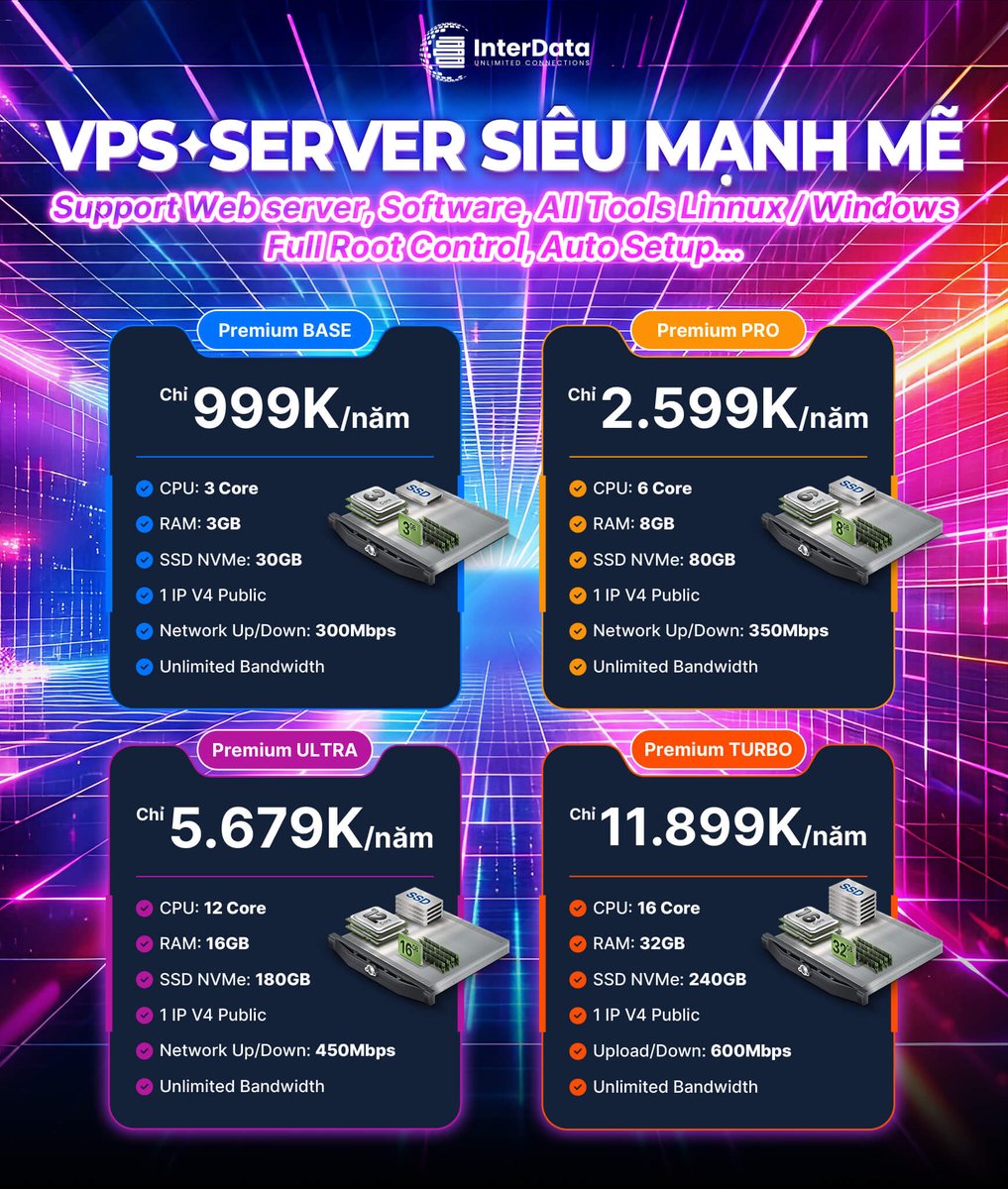 Interdatavn's tweet photo. [Khuyến mãi #InterData] Cụm VPS chạy trên CPU Intel Xeon Scalable mạnh mẽ - SSD NVMe U.2 tốc độ cao - IPv4 riêng - băng thông không giới hạn — full root access - hỗ trợ Linux &amp; Windows - tự động khởi tạo. Chi tiết tại 👉 https://t.co/U6N9hYfRIP https://t.co/6GYbKoCOes