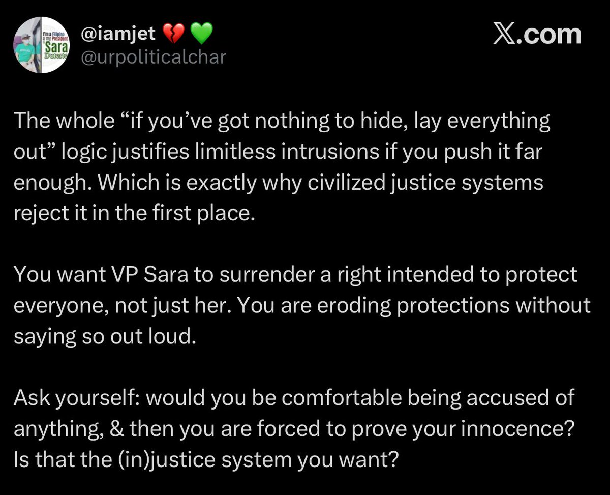 ricci_richy's tweet photo. Most DDS during the time the drug war was in full swing would quip: “BAKIT KA MATATAKOT KUNG WALA KA NAMANG KASALANAN?” 

Now, when the same is being thrown at Sara, they sing a different tune. They really try to be champions of mental gymnastics whenever they want things to fit their narrative.