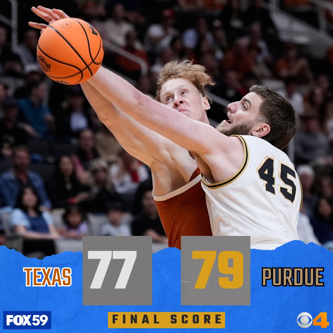 FOX59's tweet image. Purdue continues the dance on to the Elite Eight as they narrowly defeat Texas 77-79 on a last-second tip-in from Trey Kaufman-Renn.
Full recap here: fox59.com/sports/big-10-…