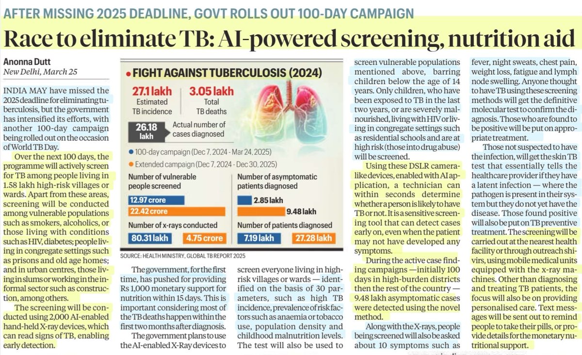imRavikantYadav's tweet image. Race to eliminate TB: AI- powered screening, Nutrition aid

:Details by Ms @AnonnaDutt 

#Tuberculosis #TB #Screening #Detection #Treatment #ArtificialIntelligence 
#WorldTBDay2026 
#Healthcare 

#UPSC 

Source: IE