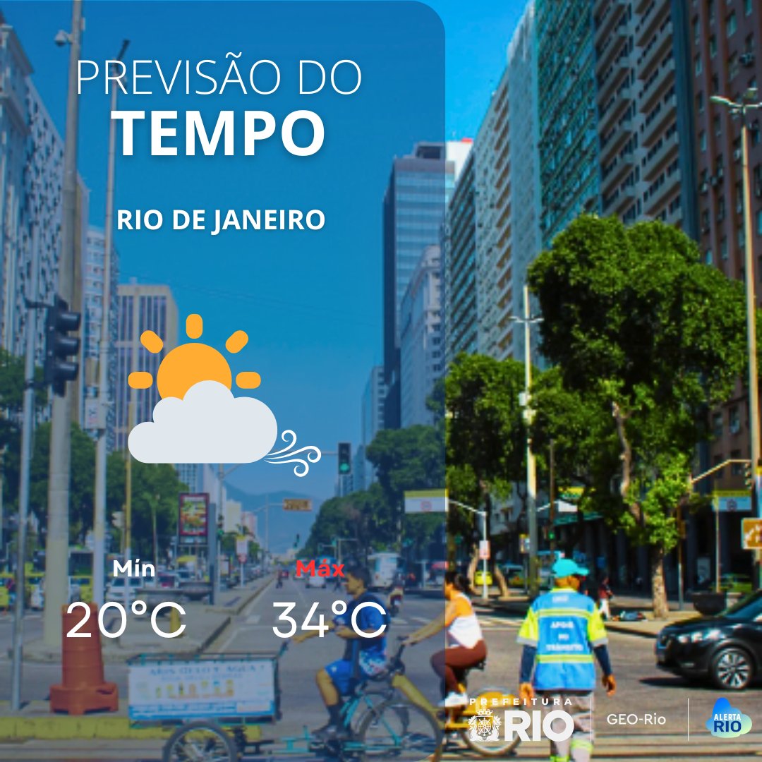 AlertaRio's tweet image. 🌤️ TEMPO NESTA SEXTA | Nesta sexta, o tempo segue estável no #RiodeJaneiro. A previsão é de céu parcialmente nublado e sem previsão de chuva. Os ventos estarão moderados e a temperatura máxima será de 34°C. 
Mais detalhes em: bit.ly/4inO87H