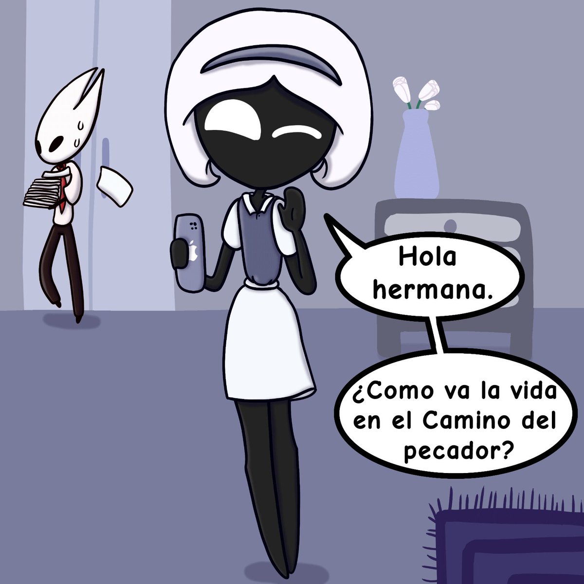 Helena_art2008's tweet image. Lace viviendo la vida de ciudad mientras que Phantom fue mandada al Camino del pecador a trabajar criando suciarachas.
#silksong #Phantom #Lace