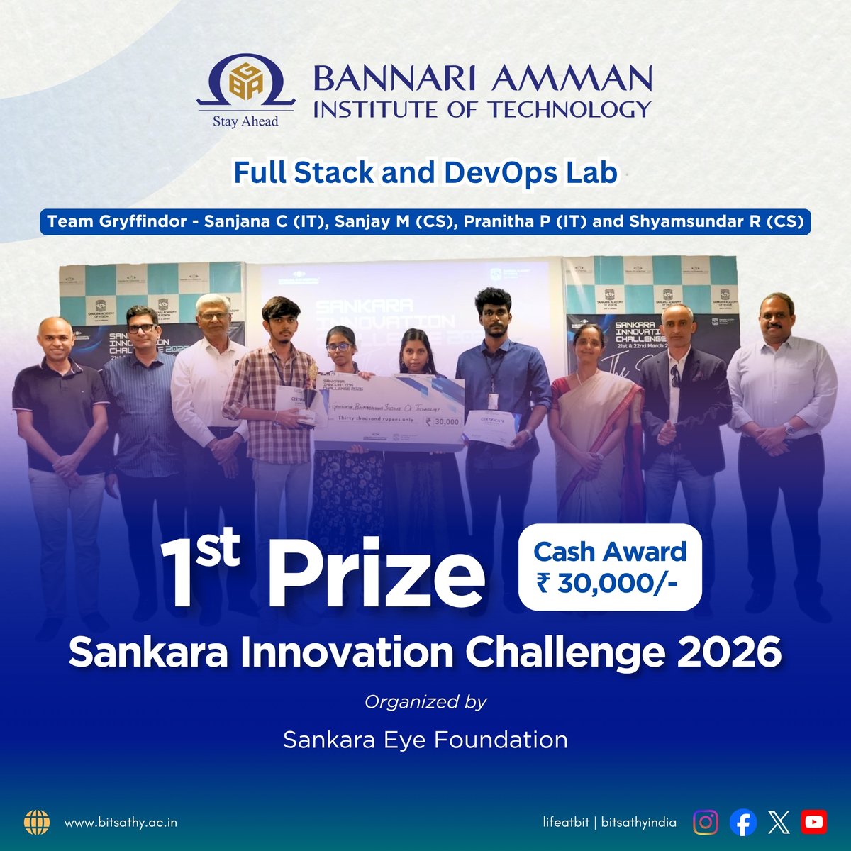 Bitsathyindia's tweet photo. 🏆 BIG WIN!
BIT students clinch 1st Prize at #SankaraInnovationChallenge2026 💡🔥
💰 ₹30,000 Cash Award
Proud moment for future innovators! 🚀
#bitsathy #Hackathon #TechWin #Innovation #DevOps #FullStack #StudentSuccess #Trending #IndiaTech #Winners #teambit #lifeatbit https://t.co/ovTmc2QIJF