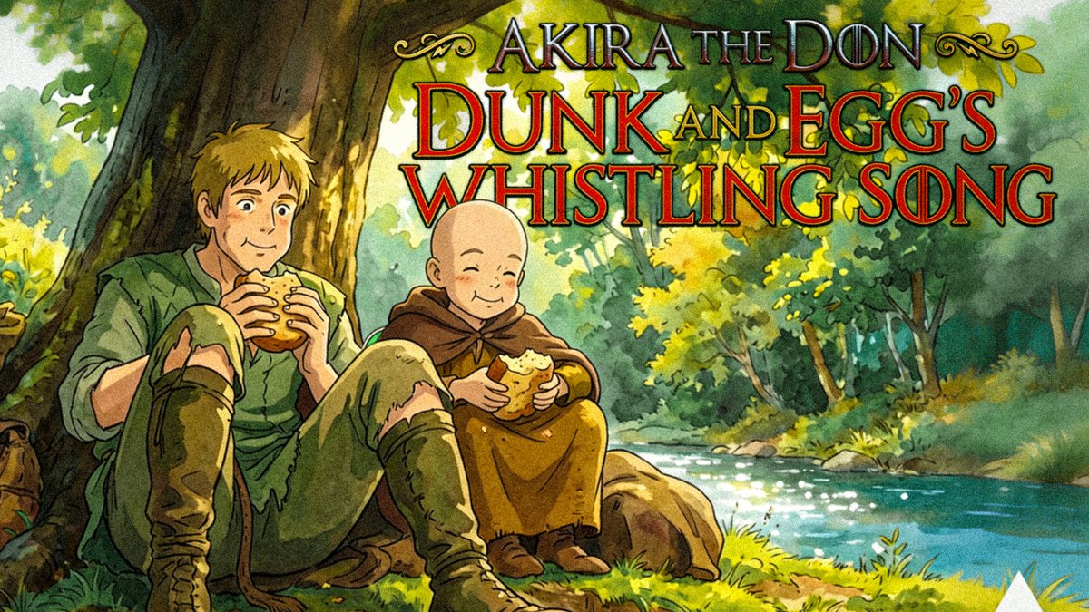 Illustration titled "AKIRA THE DON - DUNK AND EGG'S WHISTLING SONG" depicting two characters sitting under a tree by a stream, eating food.