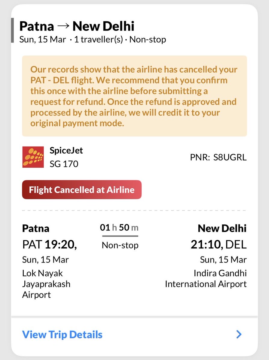rohitnarayansha's tweet photo. Flight canceled by airline but still no refund after 14 days!
@makemytrip @flyspicejet this delay is unacceptable. Please process my refund immediately.
@MoCA_GoI @DGCAIndia @jagograhakjago kindly look into this issue.
#RefundPending #ConsumerRights https://t.co/3Z61jDbMr6