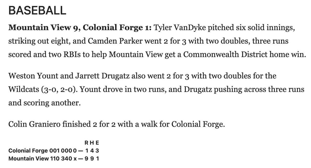 Wednesday’s <a href="/FLS_sports/">FreeLanceStar Sports</a> article on the 9-1 win over Colonial Forge.