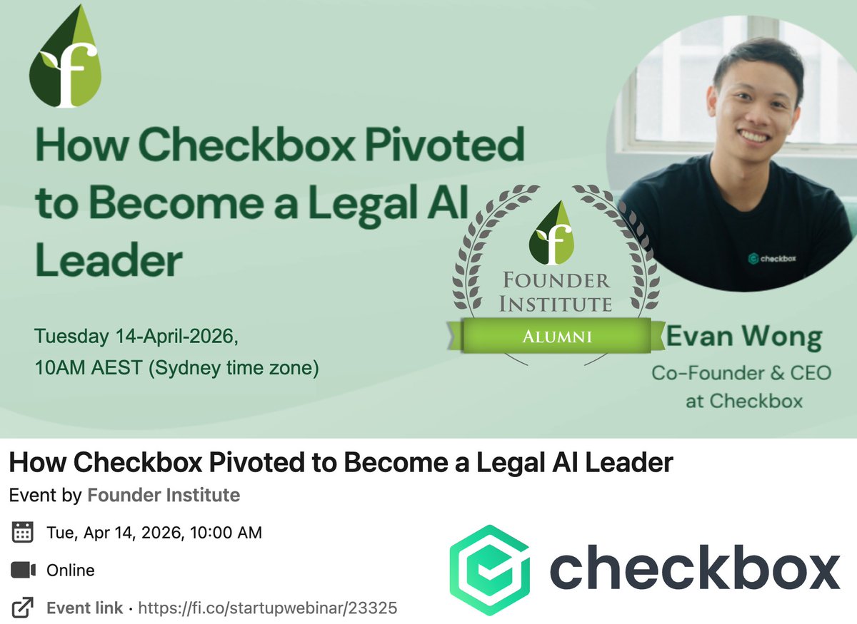 LeanStartupSyd's tweet photo. Free online event by @founding with @foundingSYD portfolio startup @CheckboxAI https://t.co/KJAVJsb0hJ #Checkbox #AI #LegalTech #LawTech #LegalAI @TheEvanWong #FiWorldwide #FounderInstitute #StartOz #StartupAUS https://t.co/Uhazl8lxT6