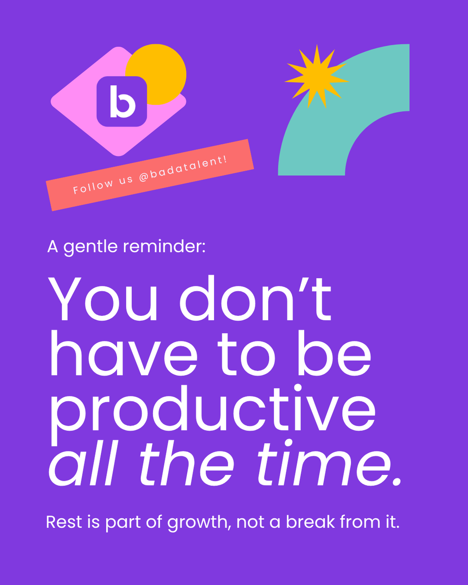 badatalent's tweet photo. You’re allowed to pause. 😌 Not every day needs to be optimized. Not every hour needs to be productive. Sometimes, the most important thing you can do is step back, breathe, and reset. 💜

#badacommunity #remoteworklife #restandreset #vawellness #workbalance https://t.co/tiJPctZKZO
