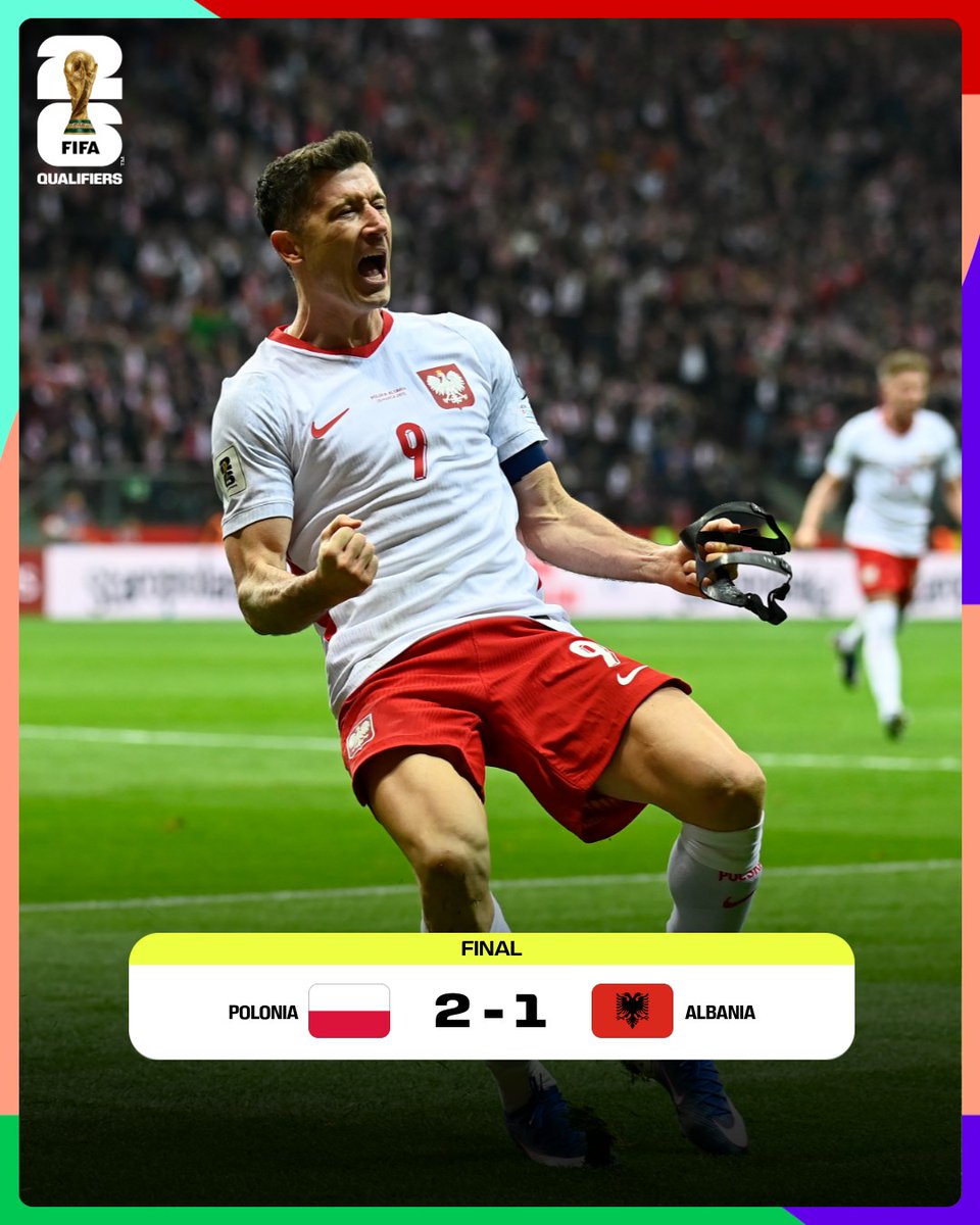 🌍 | #UEFAWCQualifiers

Polonia ( 2-1 ) Albania
🇦🇱 0-1 Arber Hoxha
🇵🇱 1-1 Robert Lewandowski 
🇵🇱 2-1 Piotr Zielinski

Polonia enfrentará a Suecia el martes por un boleto al mundial.