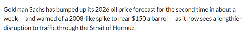 There are many targets for oil, but I don’t have much choice except to trust the market leader’s(Goldman Sachs) forecast. 

Around $150 per barrel in 2026 seems possible.

But my worry is...

marketwatch.com/story/goldman-…
