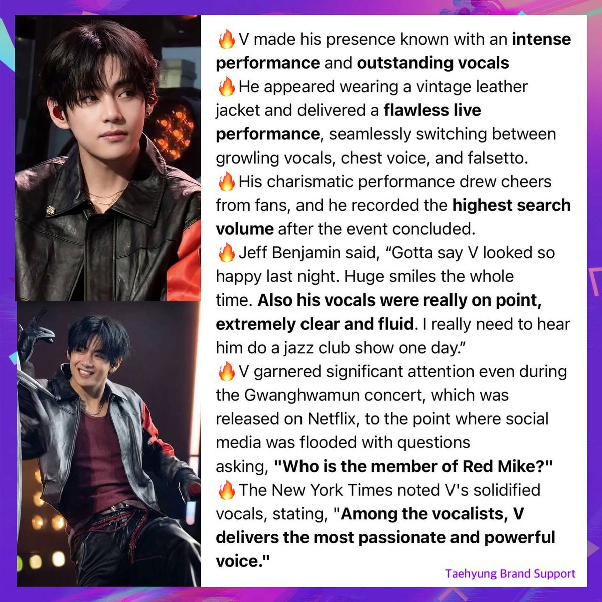 V conquered the New York stage, from his captivating performance to his beautiful vocals.

"V captivated fans worldwide with his seamless blend of performance, vocals, and facial expressions."

🔥 V made a name for himself with an intense performance and outstanding vocals.
🔥