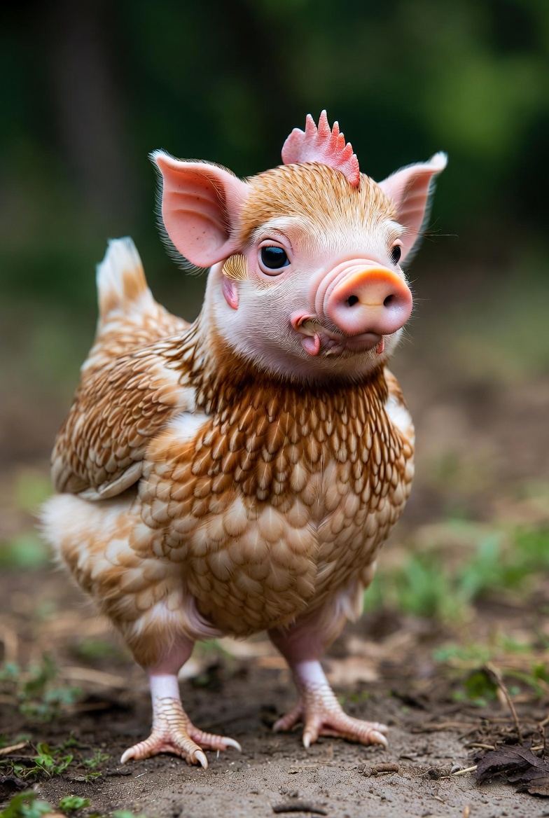 ecroteau's tweet image. Behold: the ultimate farmyard chimera! 🐷📷Half bacon, half nuggets. When pigs fly... and cluck.
What should we name this glorious beast? #AIArt #HybridAnimals #WhenPigsFly