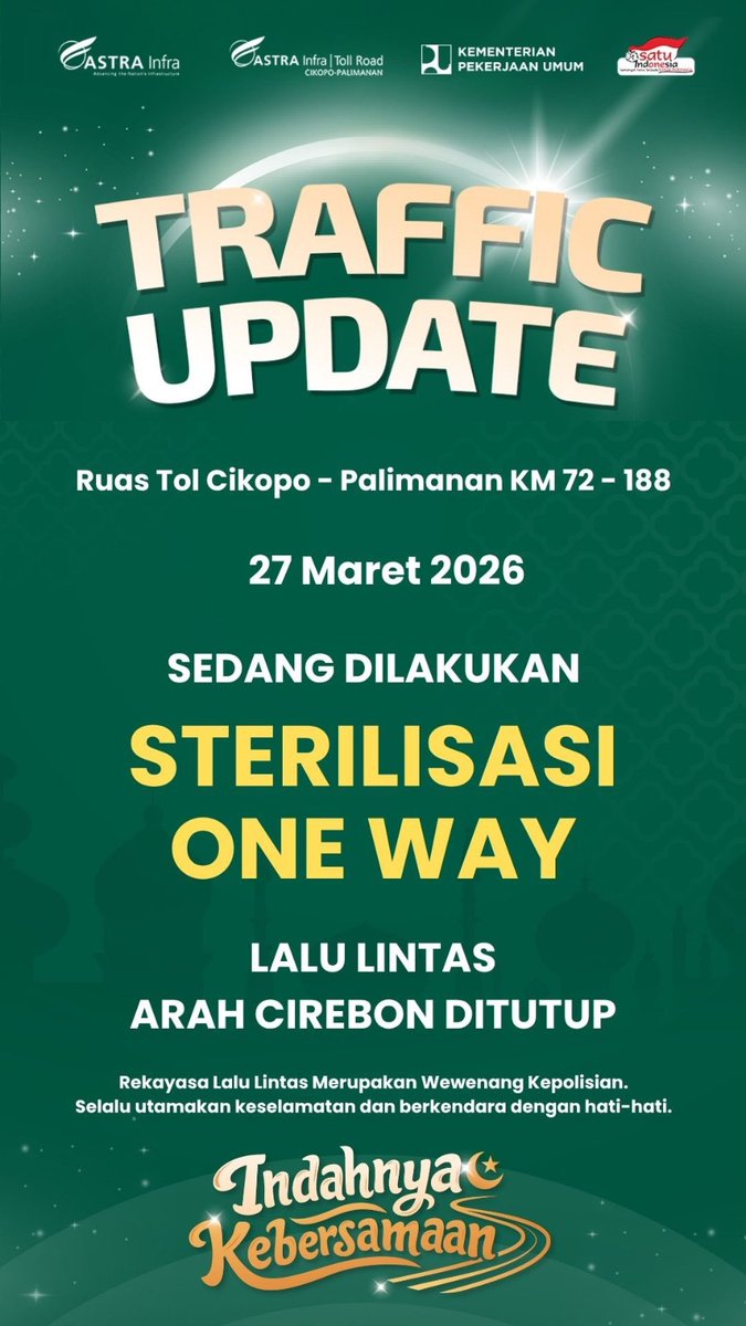 SonoraFM92's tweet photo. #Mudik 09.00 info @ASTRATolCipali : sterilisasi one way arah Jakarta. Lalu lintas menuju Cirebon ditutup. #OneWay #Cipali https://t.co/2gSaWycJP3