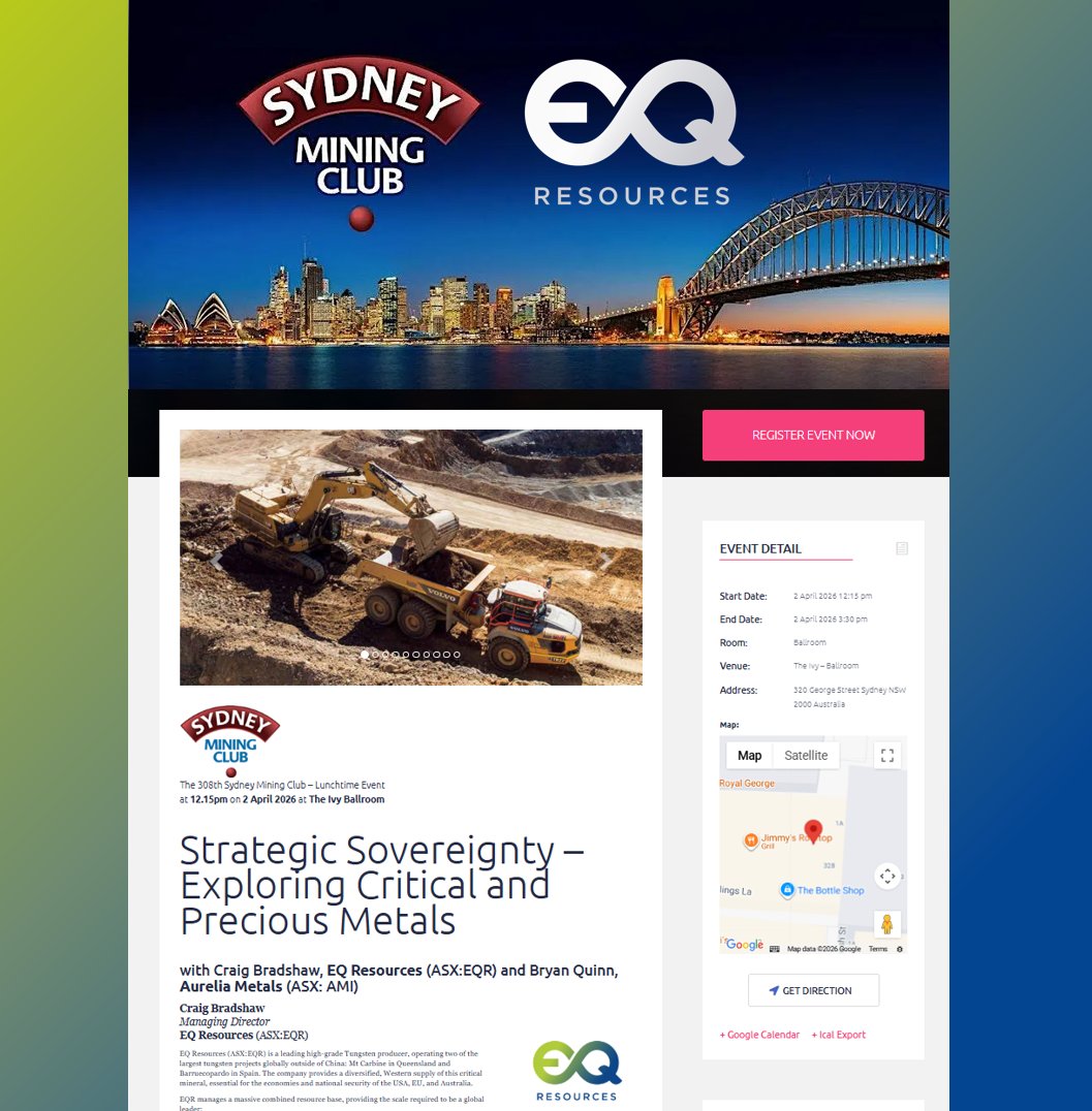 📍 <a href="/miningclub/">Sydney Mining Club</a>  Sydney Mining Club | Next week

EQR MD Craig Bradshaw will be speaking at Strategic Sovereignty – Exploring Critical &amp; Precious Metals on Thu 2 Apr (The Ivy Ballroom, Sydney), alongside Bryan Quinn (Aurelia Metals).

Last tickets: linkedin.com/events/strateg…

#EQR