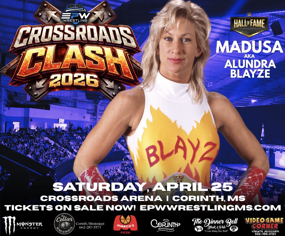BREAKING..
The WWE Hall of Famer, <a href="/Madusa_rocks/">Madusa/AlundraBlayze</a> will be at Crossroads Clash April 25!
Don’t miss it!
Tickets on Sale Now at epwwrestlingms.com