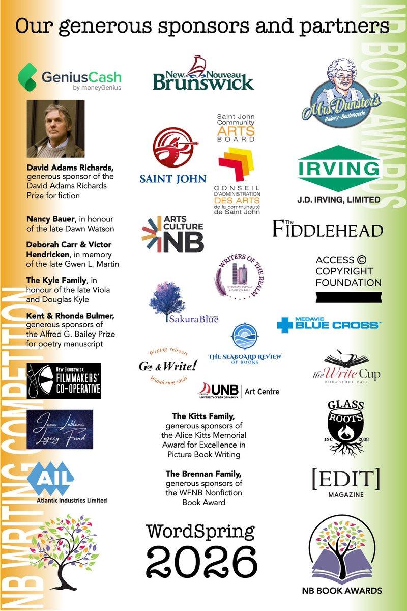 WritersFedNB's tweet photo. Thank you to the generous sponsors and partners of the NB Writing Competition, the NB Book Awards, and WordSpring 2026!

The results are in from the judges of the 2026 NB Book Awards, and the short list will be announced soon - stay tuned! https://t.co/6KLZU533kZ