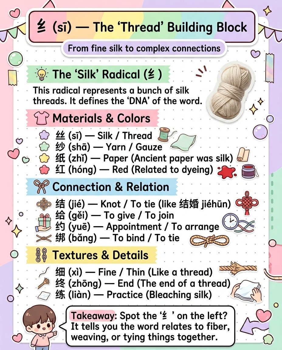 chinese_s_d's tweet photo. Paper used to be made of silk fibers 📜🧵

That’s why the thread radical is hiding inside the word for paper.

It is the secret logic that ties everything from marriage to the color red together. 🧶✨

Once you see the string, the vocabulary starts to make a lot more sense.

Which connection is your favorite?