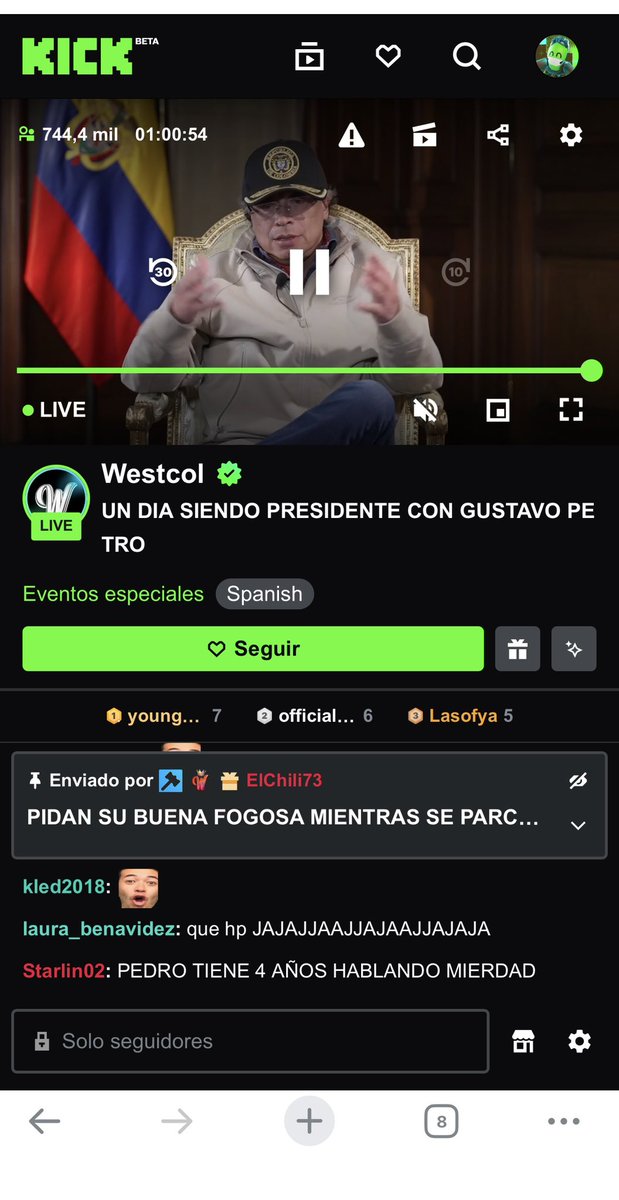 A esta hora casi 750 Mil personas viendo a nuestro presidente <a href="/petrogustavo/">Gustavo Petro</a> con <a href="/WestCOL/">WESTCOL</a> . ✍️