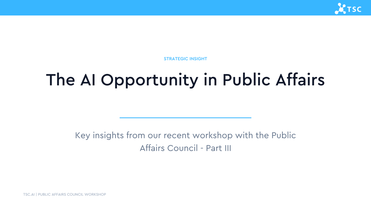 TSC_ai's tweet photo. Part III of the key takeaways of @TSC_ai's CEO Terence Lyons presentation at the @PA_Council's AI for Public Affairs Workshop.

Here are some key takeaways:
1️⃣ Public Affairs is a bundle of tasks - so start by mapping them.
Every role in public affairs, from reputation protection to policy influence, can be broken down into discrete tasks. Some can be automated. Some augmented. Some must stay human-led. The first step to AI transformation? Know exactly what you're working with.

2️⃣ The new Public Affairs professional: Manager of Agents.
The best in the field will direct AI, not just use it. That means setting strategic direction, overseeing AI performance, applying ethical judgment, and reserving their own time for the high-stakes relationships no algorithm can manage.

3️⃣ The strategic trends shaping Public Affairs in 2026:
→ Public Affairs becomes a profit centre - AI moves the function from a cost centre to a direct value contributor
→ Impact becomes fully measurable - real-time insights and predictive analytics for stakeholder engagement
→ Consultant spend gets cut in half - internal AI capabilities reduce reliance on large external agencies

The function is changing faster than most teams realise.
Book a free briefing with us to find out how AI can transform your public affairs team.