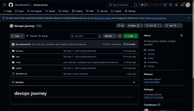 dev_priyanshu15's tweet photo. Day 3 of 30.

wrote 3 shell scripts today:
- https://t.co/6Ahoo0r6UW
- disk_alert.sh
- log_cleaner.sh

no tutorials. no copy paste.
built from scratch, broke things, fixed things.

27 days left.

https://t.co/oD4ioJISNe

#DevOps #BuildingInPublic https://t.co/3Sazw2BIBw